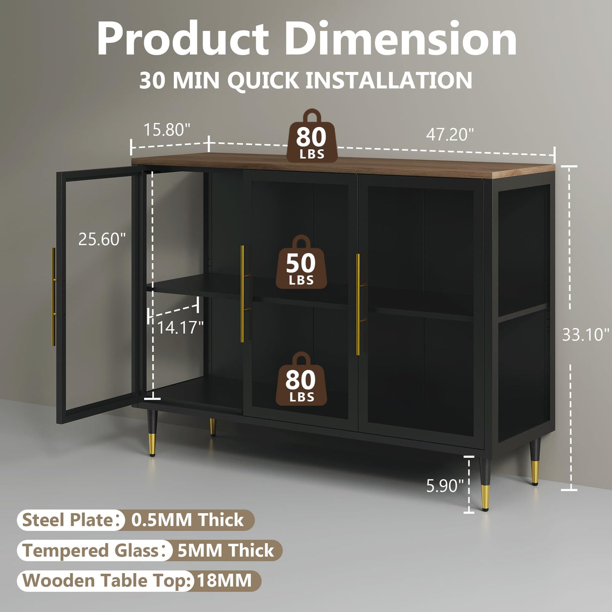 Foreate Glass Sideboard Buffet Cabinet with 13-Color Light, 47.2" Metal Wood Coffee Bar Cabinet with 3 Glass Doors & Adjustable Shelve, Modern Home Bar Credenzas for Home Kitchen Living Room, Black Foreate