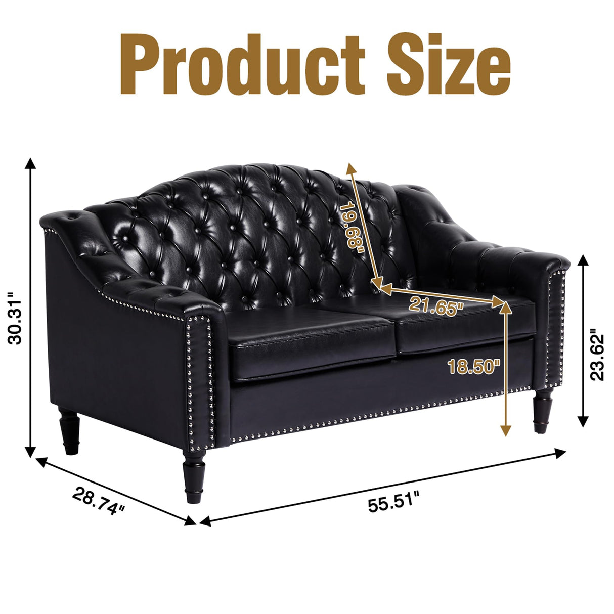 LEVNARY Chesterfield Loveseat Leather, Upholstered Sofa with Button-Tufted Back, Mid-Century Modern Sofa with Solid Wood Legs, 2 Seater Couches for Living Room (Black) LEVNARY