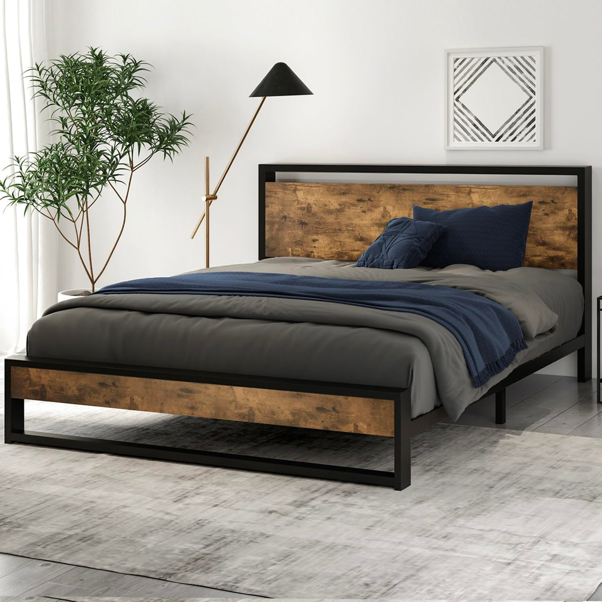 SHA CERLIN Queen Size Bed Frame with Wooden Headboard,Heavy Duty Metal Slats Support Platform,No Box Spring Needed,Rustic Brown SHA CERLIN