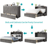 BALUS Murphy Bed Queen Size, Convertible Cabinet Bed with Tri-Fold Mattress and USB Charging Station, Foldable Night Stand Trays, Storage Drawer, Space Saving - Grey BALUS