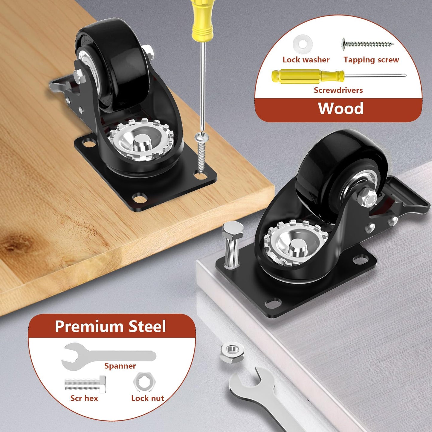 2 Inch Caster Wheels Heavy Duty, Casters Set of 4 with Brake, Locking Industrial Swivel Top Plate Casters Wheels and Load 800lbs for Furniture and Workbench Cart(Two Hardware Kits Include)