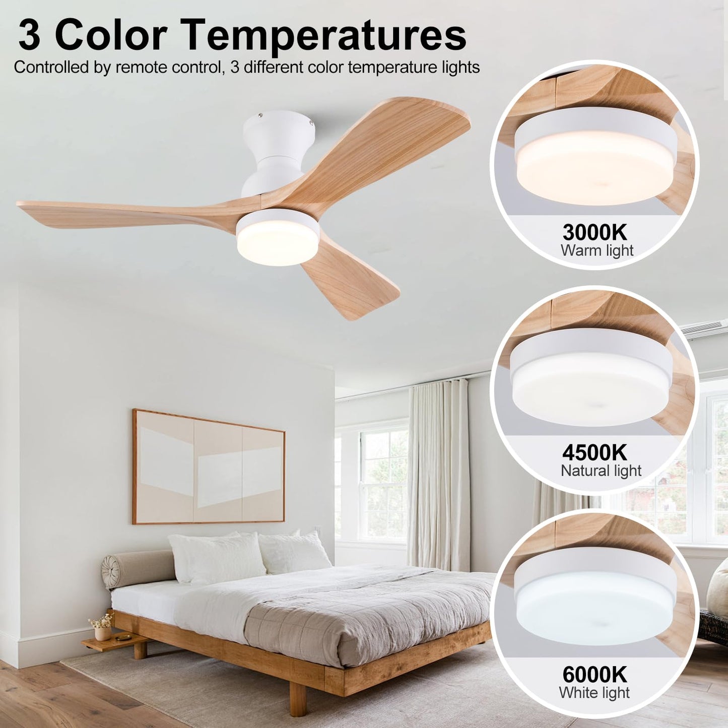 XBIBI 42 Inch Low Profile Ceiling Fan with Light and Remote, 6 Speeds DC Motor Flush Mount Ceiling Fan, 3 Color Temperatures Wood Hugger Ceiling Fans with Lights, Indoor Outdoor Ceiling Fans - WoodArtSupply