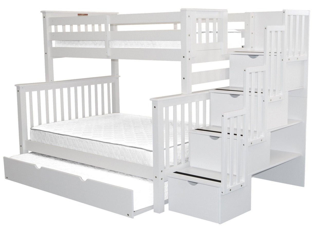 Bedz King Stairway Bunk Beds Twin over Full with 4 Drawers in the Steps and a Full Trundle, White Bedz King
