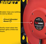 ReelWorks Retractable Extension Cord Reel Polypropylene 12AWG x 40' Foot Industrial Commercial Grade 3C SJT Cable Triple Tap Connector 15A 125VAC 1875W 60Hz Current Interrupter Best for Indoor Use ReelWorks