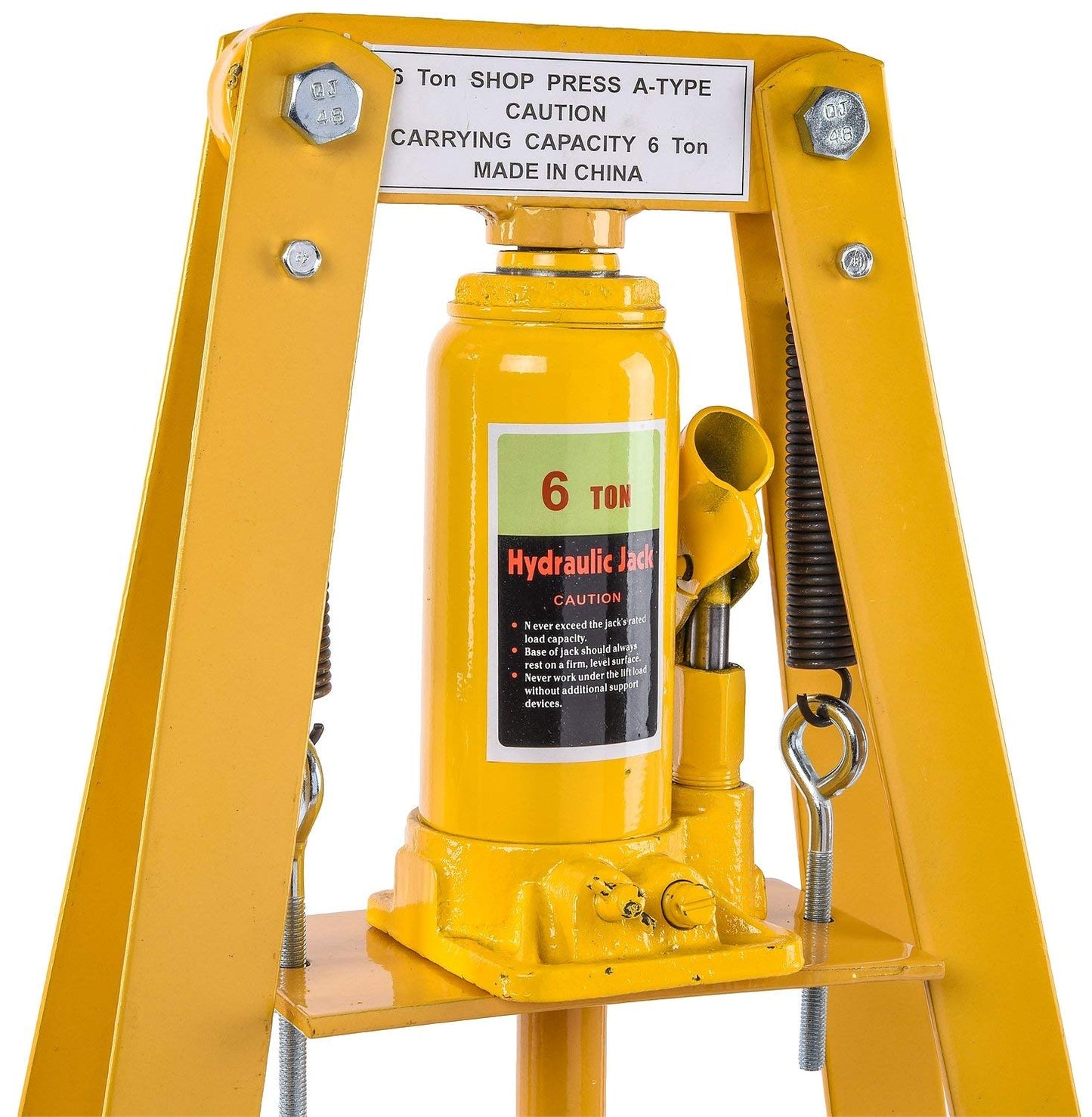 JEGS Hydraulic Shop Press | Steel With Yellow Finish | 6-Ton | Bench Top Mount | Up To 4 1/4-Inch Working Range | Includes 2 Press Plates | Lever-Action