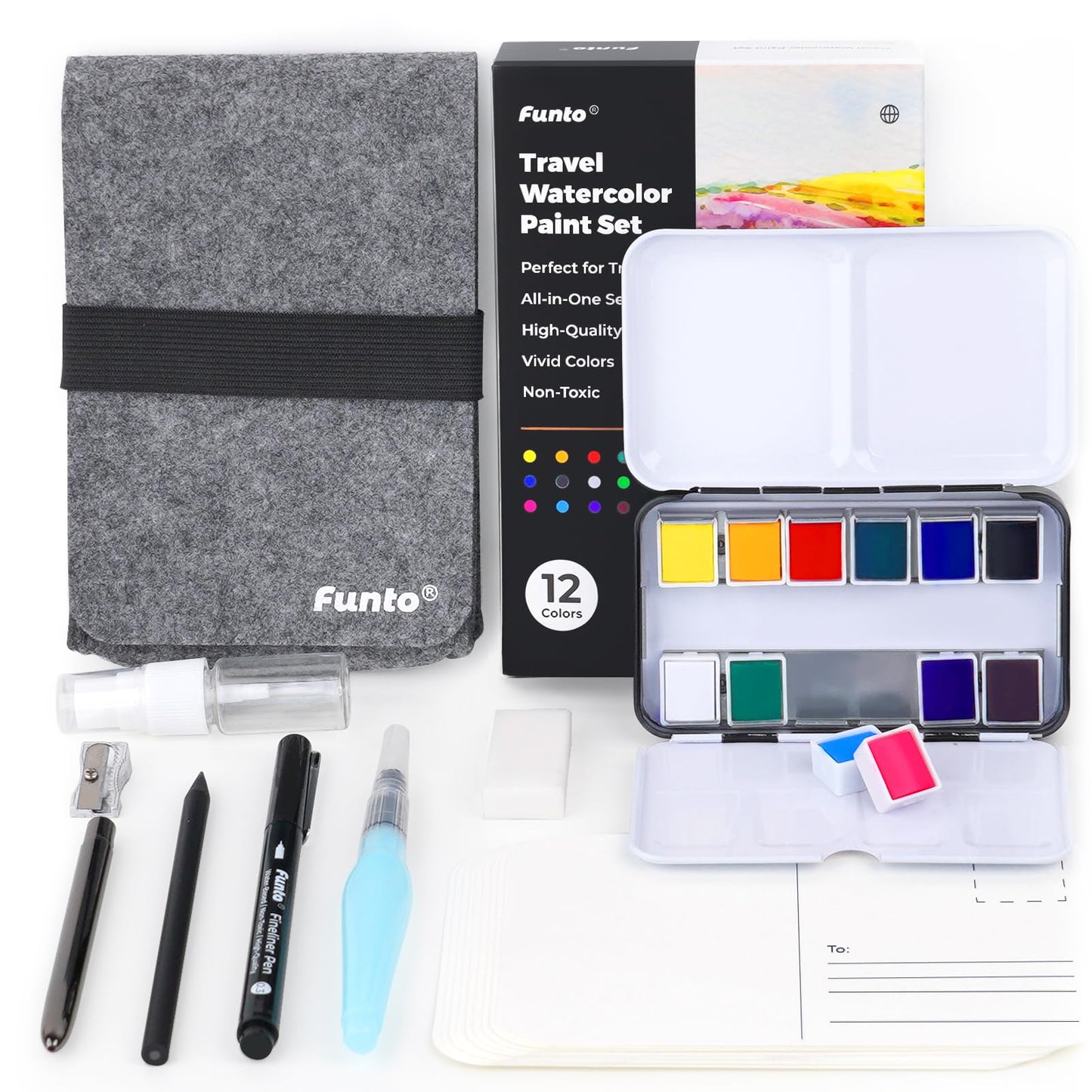 Funto Travel Watercolor Set, 12-Color Paint, 10 Premium Postcards, Brush, Brush Pen, Fineliner, Pencil, Painting Set for Adults, Beginner, and Artists