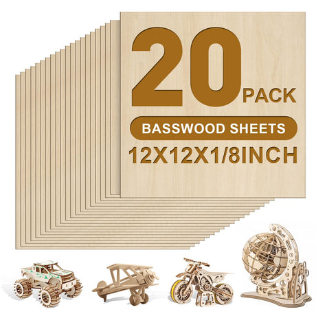 20 Pack Basswood Sheets 1/8x12x12 Inch 3mm Basswood for Laser Cutting, Drawing,Wood Burning, Architectural Models.Plywood Sheets Unfinished Wood Sheets for DIY Crafts. FUMILE