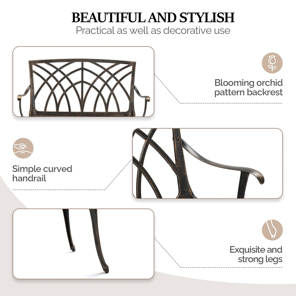 VINGLI 38" Outdoor Bench Cast Aluminium Garden Bench, Orchid Porch Bench Patio Bench Deck Furniture for 1-2 Person Seat (Brown) VINGLI