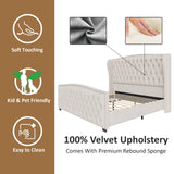 AMERLIFE King Size Platform Bed Frame, Velvet Upholstered Bed with Deep Button Tufted & Nailhead Trim Wingback Headboard/No Box Spring Required/Cream AMERLIFE
