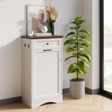 NEWOWNDS Tilt Out Trash Can Cabinet 10 Gallon Hidden Trash Garbage Can Cabinet with Drawer,Waterproof Cutting Board,Pet Proof Hidden Garbage,Pet Feeding Bowls for Kitchen,Laundry Bathroom,White NEWOWNDS