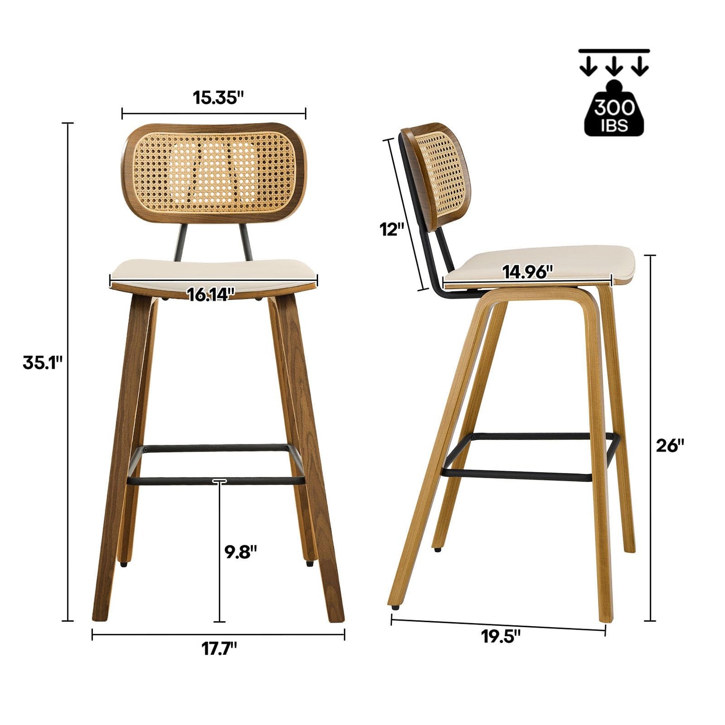 Mid-Century Modern Rattan Bar Stools Set of 4 – 26" Cream White PU Leather Upholstered Counter Height Stools with Walnut Wood Legs