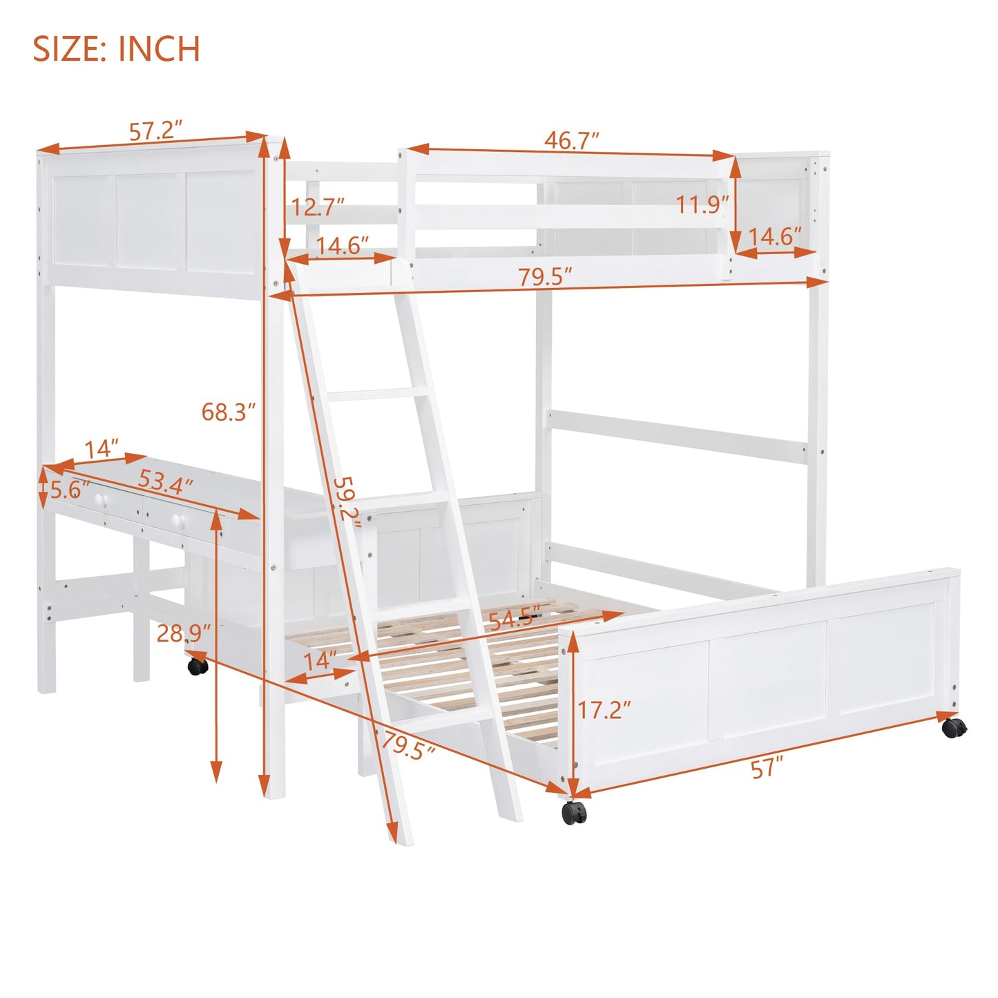 Bellemave Full Over Full Loft Bed with Desk and Storage Drawers in White - WoodArtSupply