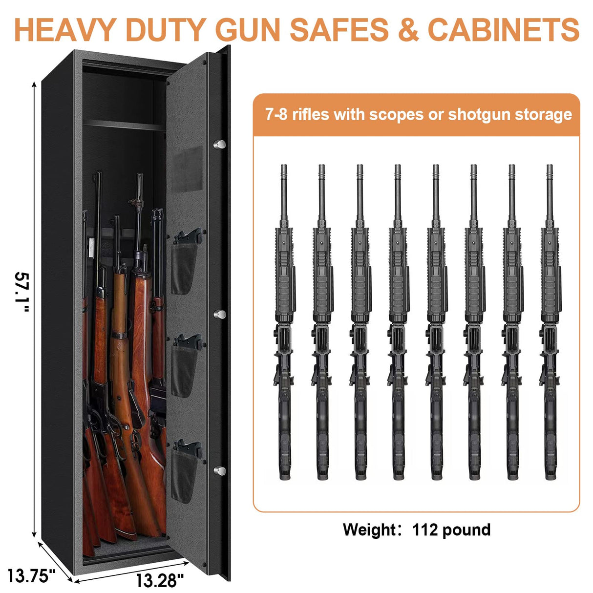 [2024 NEW] 7-8 Fireproof Biometric Gun Safes for Home Rifle and Pistols, Heavy Duty Anti-Theft Long Gun Safes for Rifles and Shotguns with 3 Handgun Pocket, Removable Shelf, Silent Mode TOLEBLID