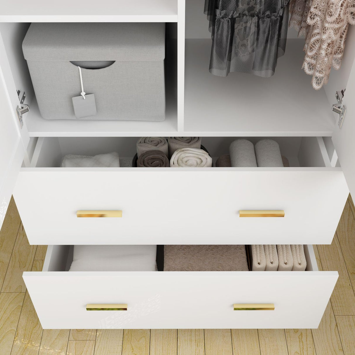 FAMAPY Armoire Wardrobe with Mirror & 2 Drawers, 2-Door Wardrobe with Shelves & Hanging Rod, Gold Metal Handles, for Cloakroom Bedroom White (31.5”W x 18.9”D x 72”H) FAMAPY