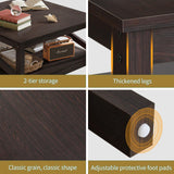 DWVO Coffee Tables with Storage, Farmhouse Coffee Table for Living Room, Square Coffee Table 2-Tier Center Table with Open Storage Shelf, Wood Small Cocktail Table, Espresso DWVO