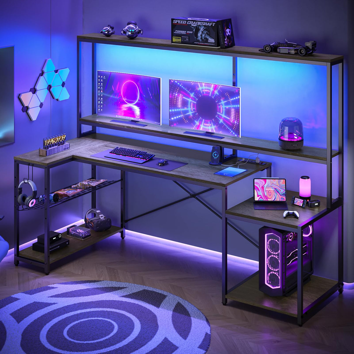 Bestier 71.5” Computer Desk, Gaming Desk with Long Monitor Stand and Hutch, Large L Shaped Corner Desk with Storage Shelf & Printer Stand Headset Hooks, Gamer Desk, Grey Oak Bestier