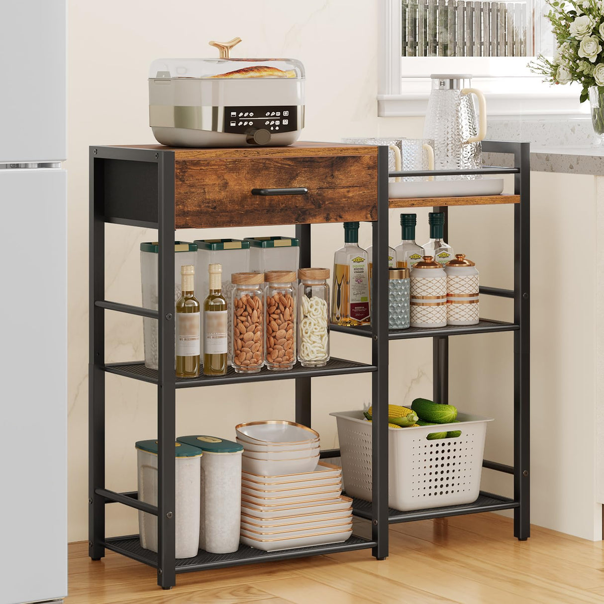 HOOBRO Coffee Bar Cabinet, Farmhouse Coffee Stand Station, 6 Tiers Kitchen Station Table with Drawer, Kitchen Bar Table for Small Space, Buffet Sideboard Cabinet with Storage, Rustic Brown BF77KF01 HOOBRO