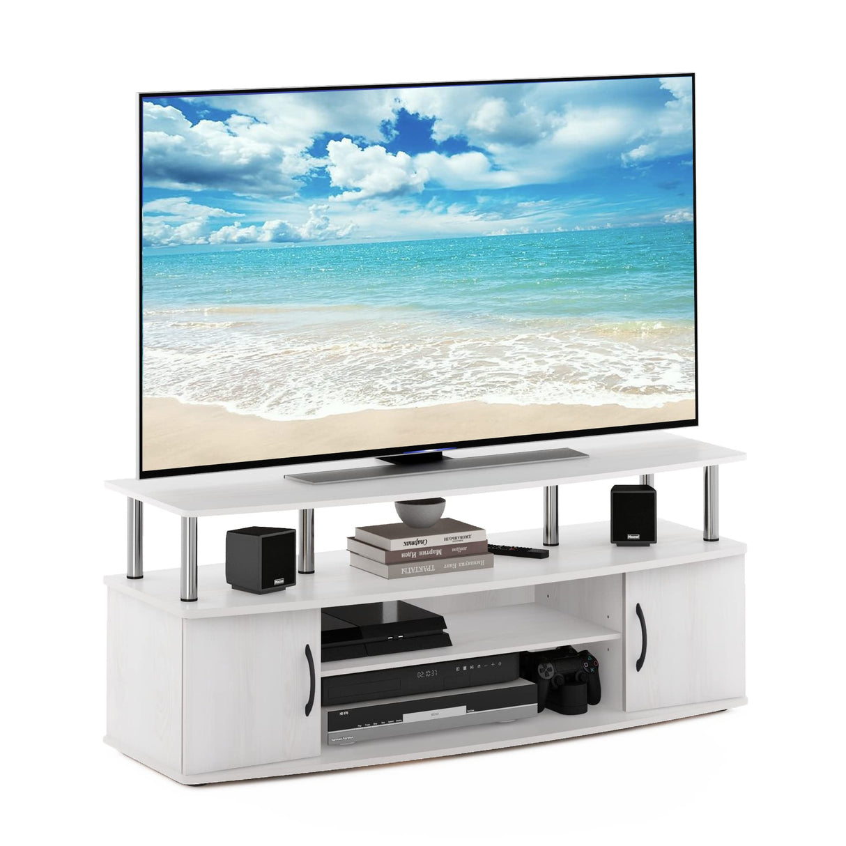Furinno JAYA Large Entertainment Stand for TV Up to 55 Inch, White Oak/Chrome Furinno