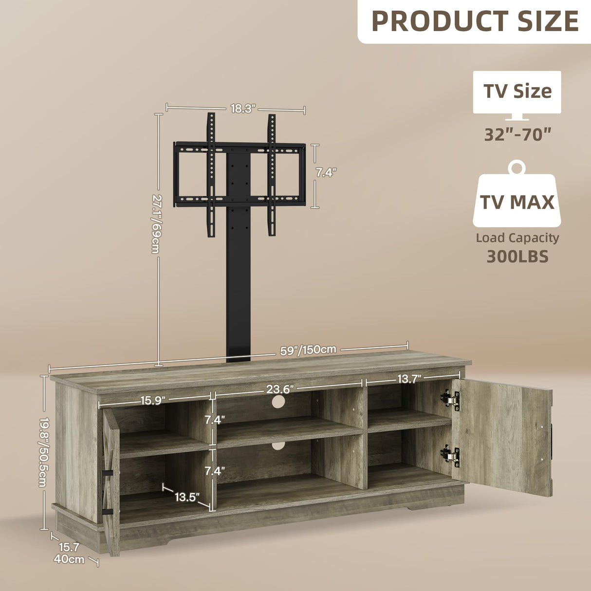 YITAHOME Farmhouse TV Stand with Mount, Sturdy TV Stand Mount for 32/45/55/60/65/70 inch TVs, Entertainment Center with Adjustable Shelf, TV Cabinet Media Console for Living Room, Grey YITAHOME