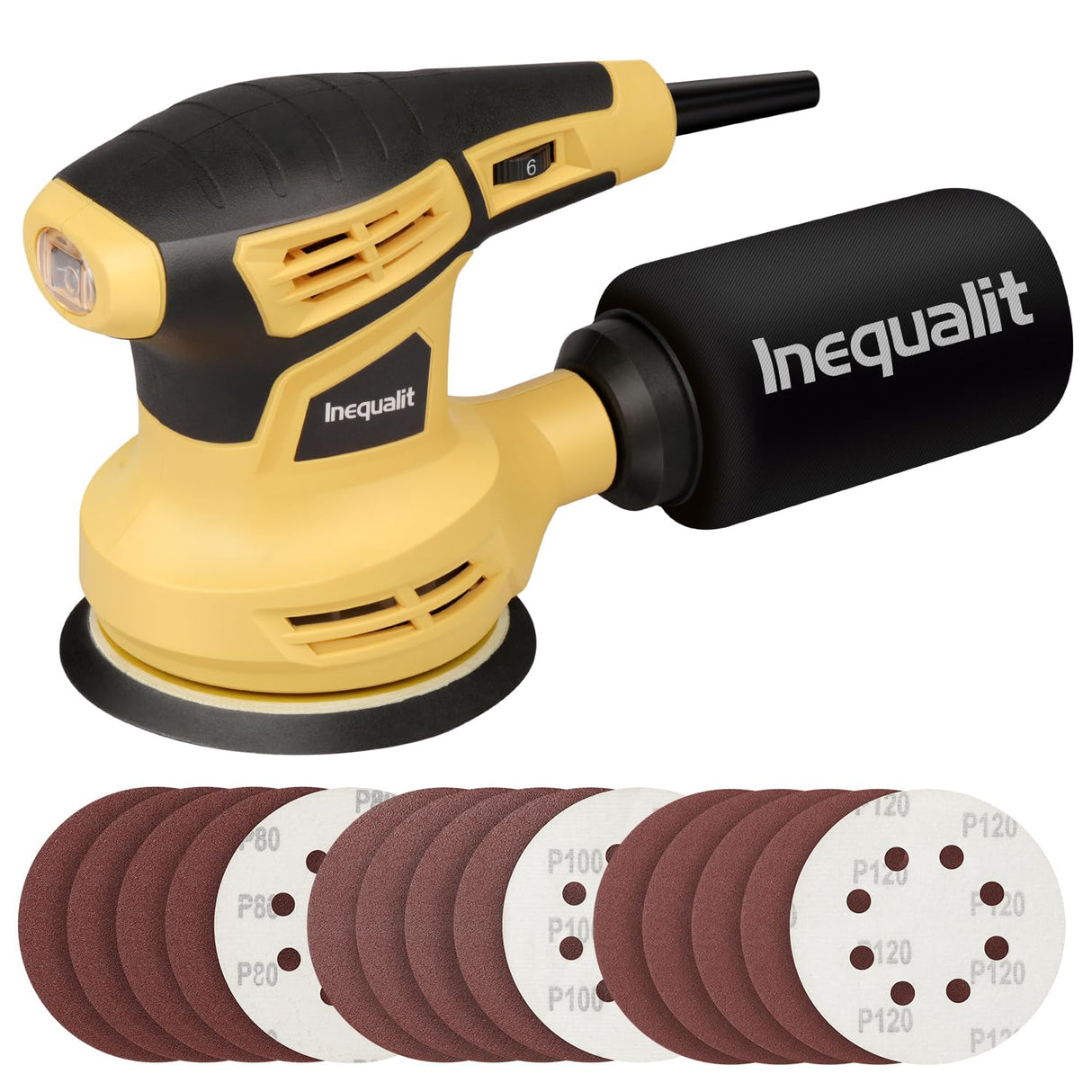 Inequalit 2.4Amp 5 Inch Orbital Sander, 6000-13000OPM Random Orbital Sander with 6 Variable Speed, 15Pcs Sandpapers and Dust Collector Included, Fit for Sanding and Polishing Inequalit