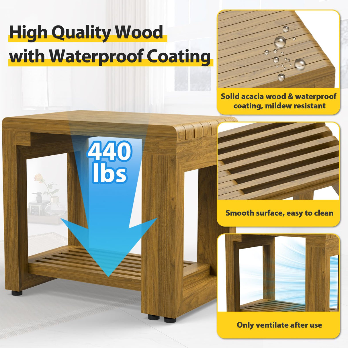 Adjustable Shower Benches for Inside Shower Length 26.4'', Acacia Wood Shower Bench Waterproof, 440lbs Bathroom Bench with Storage for Shaving Legs Spa Sauna, Shower Chair for Adults Seniors Elderly WXCOPON
