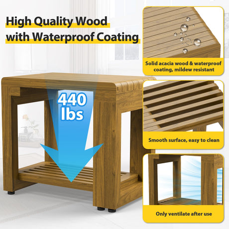 Adjustable Shower Benches for Inside Shower Length 26.4'', Acacia Wood Shower Bench Waterproof, 440lbs Bathroom Bench with Storage for Shaving Legs Spa Sauna, Shower Chair for Adults Seniors Elderly WXCOPON