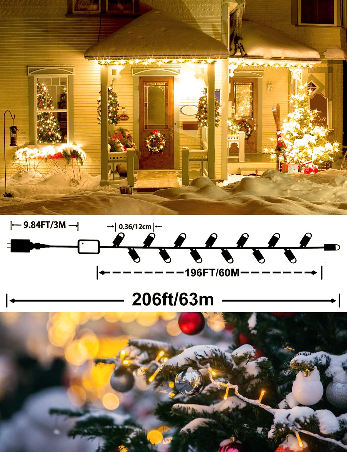 200 FT 500 LED Christmas Lights Outdoor Decorations Super Long Fairy Lights Waterproof 8 Modes Timer Clear Wire String Lights for Outside House Tree Patio Yard Wedding Party Holiday-Warm White