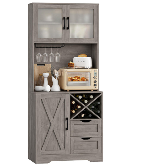 BOTLOG 71" Kitchen Hutch, Pantry Cabinet with Microwave Stand, Buffet Cabinet with Hutch, Adjustable Shelf, 3 Glass Doors, 2 Drawers, for Home, Dining Room, Rustic Grey - WoodArtSupply