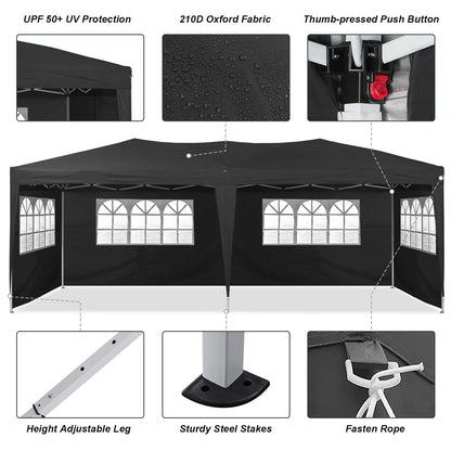 TUKAILAI 10' x 20' Pop Up Gazebo Marquee, Anti-UV Party Wedding Tent Event Shelters with 6 Removable Sidewalls & Carry Bag, Heavy Duty Instant Canopy for Outdoor Camping Garden Patio (Black) - WoodArtSupply