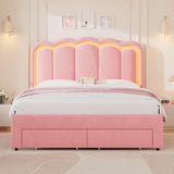 Full Upholstered LED Bed Frame with 2 Storage Drawers and Adjustable Chic Double Wavy Headboard, Velvet Princess Platform Bed with Charing Station, Solid Wood Slats Support,No Box Spring Needed, Pink Jocoevol