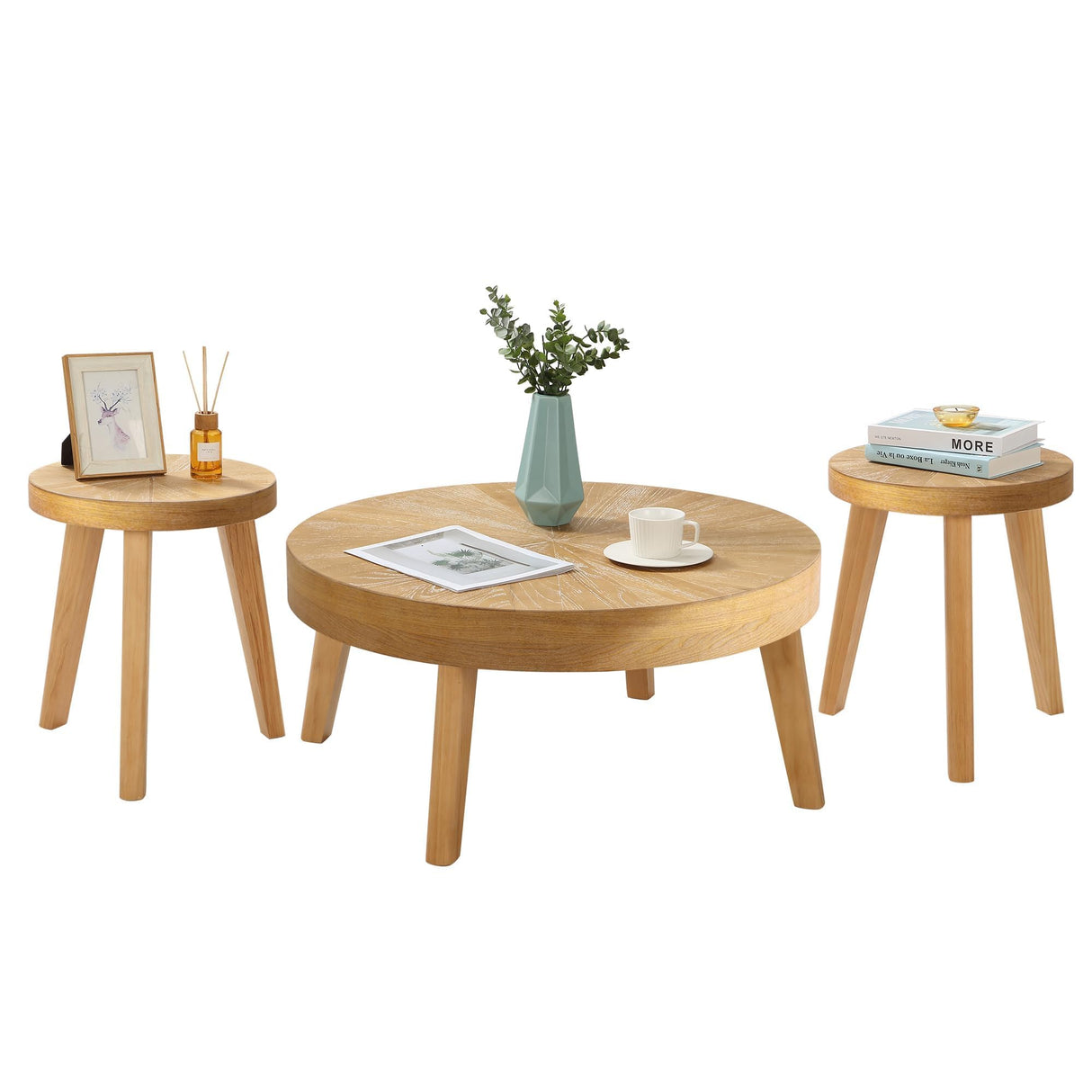 HOKYHOKY Farmhouse Round Coffee Table Set of 3, Boho Sofa Side Nesting Tables End Table Set with Wood Natural Finish for Living Room, Bedroom, Home Office,Natural HOKYHOKY