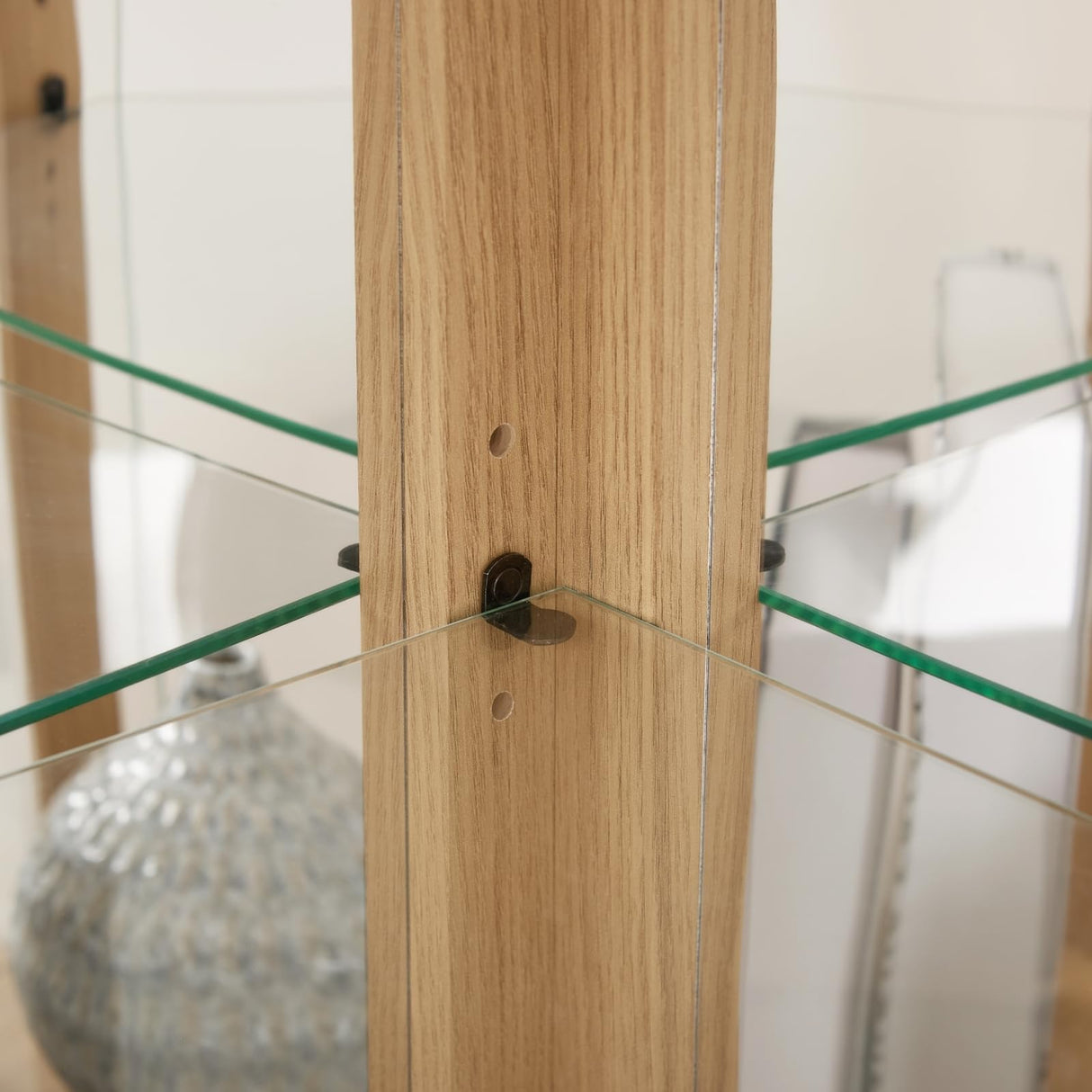 Corner Curio Cabinet with Glass Doors, Lighted Display Case, Adjustable Shelves, Freestanding Display Cabinets for Collectibles, Bar Glass Liquor Storage, Medals& Antique Collection (Light Oak) GOAWGO