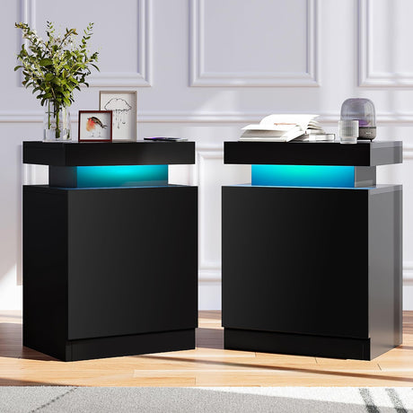 Breezestival 17" Nightstand with LED Lights Set of 2, Night Stand Bedside Table with Open Compartment, Modern End Side Table with Storage for Bedroom, Black Breezestival