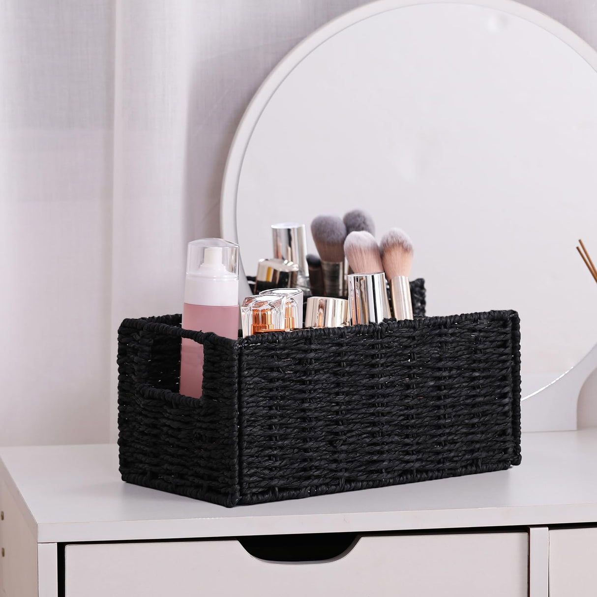 Vagusicc Wicker Storage Basket, Set of 2 Hand-Woven Paper Rope Wicker Basket, Small Storage Baskets for Organizing Toilet Paper Basket, Foldable Large Cube Storage Organizer Bins for Shelves (Black) Vagusicc