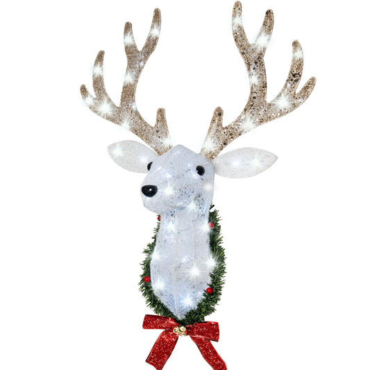 Christmas Wall Decor Reindeer Head with Clear 60 Count Lights，3D Rudolph Hanging Wreath with Battery Operated, 8 Modes & Timer, Light Up for Xmas Holiday Christmas Décor