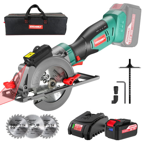HYCHIKA Cordless Circular Saw, 18V Mini Circular Saw with 4.0Ah Battery, 3 Blades(4-1/2",4-9/10"), 3500RPM Max Cuting Depth:90°(48mm)/45°(32mm), Compact Circular Saw for Wood, Plastic and Soft Metal HYCHIKA BETTER TOOLS FOR BETTER LIFE
