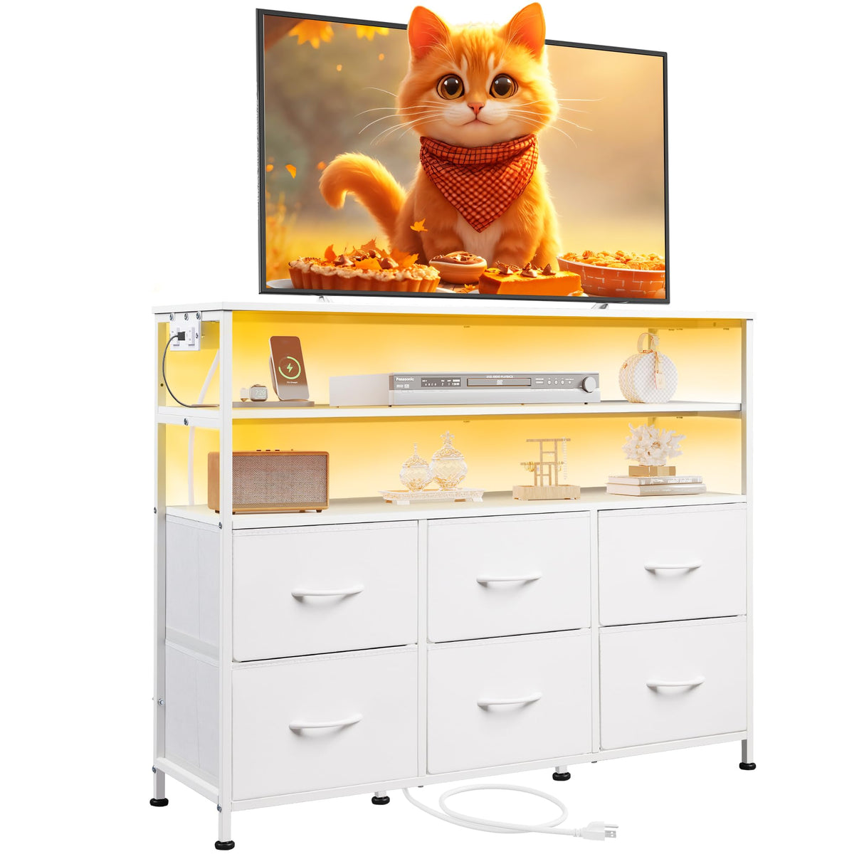 WLIVE Led Dresser for Bedroom, White Dresser TV Stand for Bedroom with LED Lights and Power Outlet, Wide Chest of Drawers with Open Shelves for Entryway, 6 Fabric Drawers and Wood Top for Living Room WLIVE