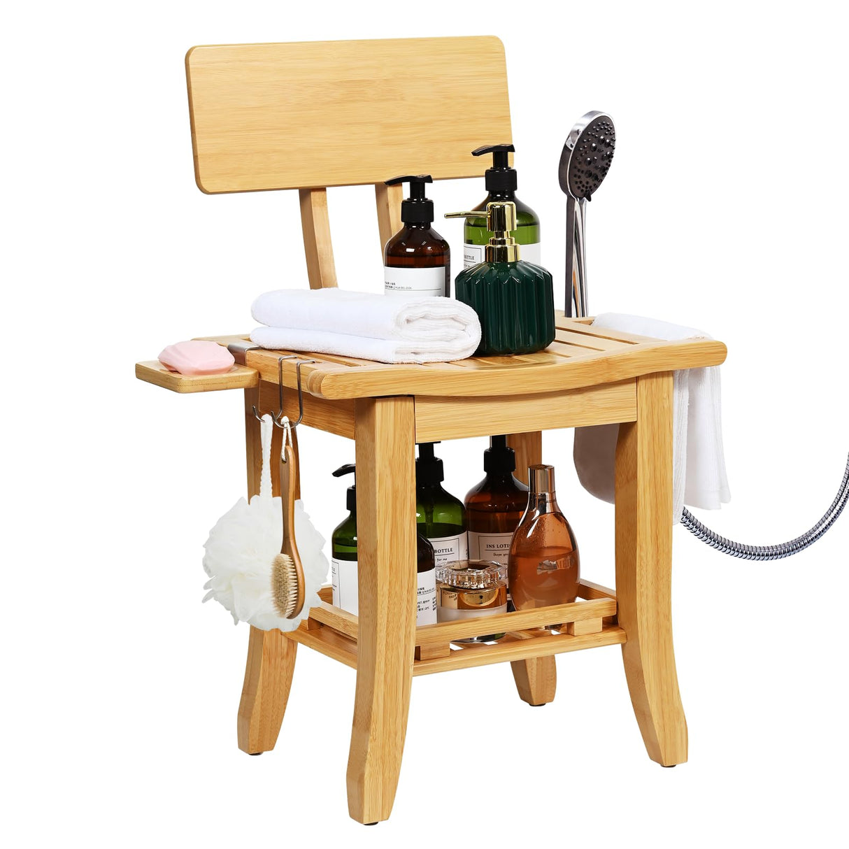 Ollieroo Two-Tier Bamboo Shower Chair for Inside Shower, Waterproof Baby Bath Seat with Storage Shelf, Soap Dish and Shower Head Holder, Shower Stool for Seniors Adults Disabled Pregnant(Natual) Ollieroo