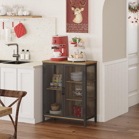 Rustic Vintage Oak Coffee Bar Cabinet with Versatile Storage for Home BON AUGURE