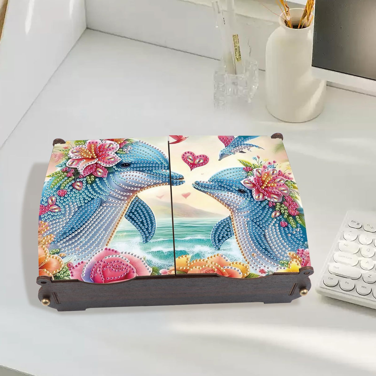 MVVMTOP Diamond Painting Kit Wooden Storage Box, Dolphin DIY Special Shaped Diamond Flip Cover Wooden Money Box, Handmade Art Desktop Decorations Birthday Gifts for Friends MVVMTOP
