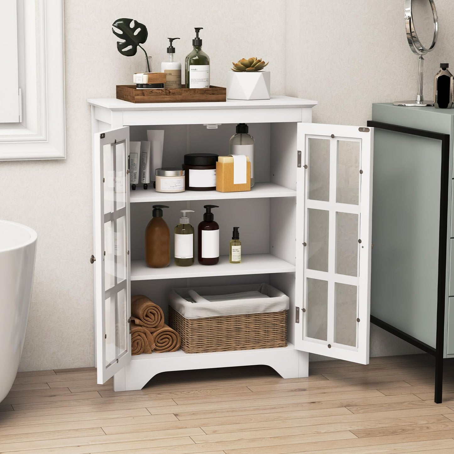 Tangkula Bathroom Floor Cabinet, Freestanding Display Storage Cabinet with 2 Glass Doors & Adjustable Shelves, Modern Storage Organizer for Living Room, Bathroom, Entryway, Kitchen (White) - WoodArtSupply