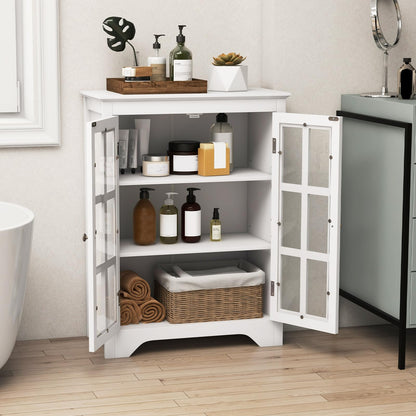 Tangkula Bathroom Floor Cabinet, Freestanding Display Storage Cabinet with 2 Glass Doors & Adjustable Shelves, Modern Storage Organizer for Living Room, Bathroom, Entryway, Kitchen (White) - WoodArtSupply