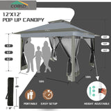 COBIZI 12x12 Pop Up Gazebos On Clearance - Upgrade Easy Up Metal Outdoor Gazebo Waterproof - Portable Gazebo with Mosquito Nettings, 4 Ropes 8 Stakes and Carry Bag for Patio Garden(Dark Gray) COBIZI