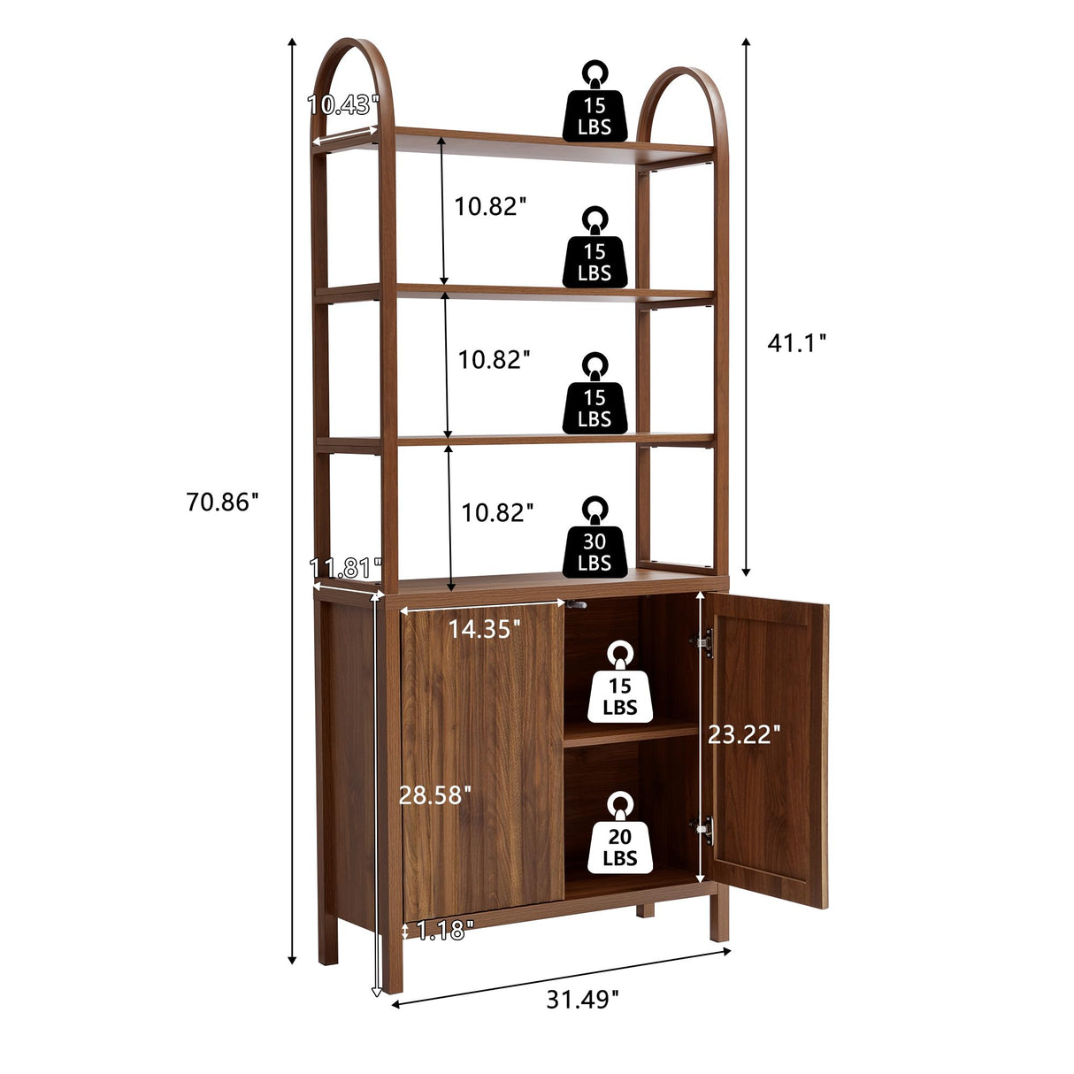 71” Tall Arched Bookshelf Storage with Fluted Doors, Mid Century Modern 6 Tier Bookshelves, Freestanding Bookcase Cabinet with Open Display Storage Shelf for Living Room Home Office Bedroom, Walnut XUZENEST