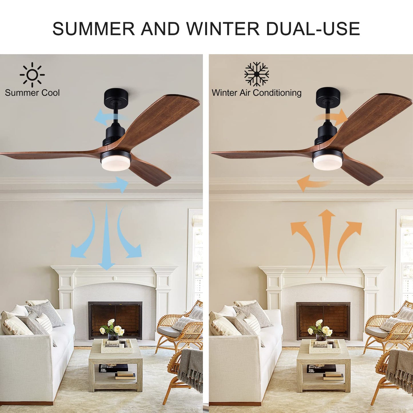 BOJUE 52 Inch Ceiling Fans with Lights and Remote Control, Indoor Outdoor Mordern Ceiling Fan with 3 Wood Blade for Patio Living Room, Bedroom, Office, Summer House (Black Ceiling fans+ Walnu - WoodArtSupply