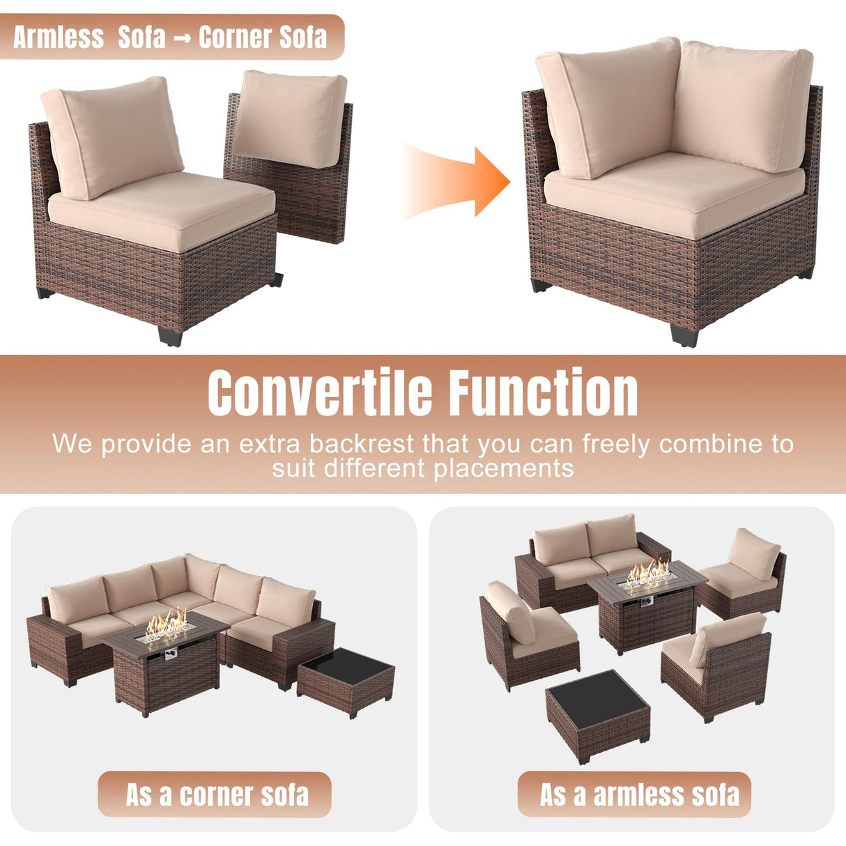 Aoxun 7 Pieces Patio Furniture Set with 44” Fire Pit Table Wicker Rattan Outdoor Sectional Conversation Set with Coffee Table and 4” Thickened Cushions, Beige (Waterproof Cover Included) Aoxun