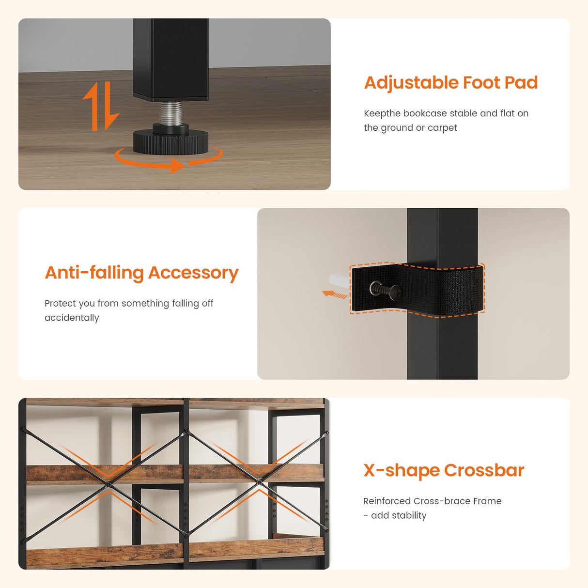 HAUOMS Bookshelf with 8 Fabric Drawers, 7-Tier Bookcase with Baffles Display Shelves, Industrial Large Book Shelf for Living Room Home Office, Rustic Brown HAUOMS