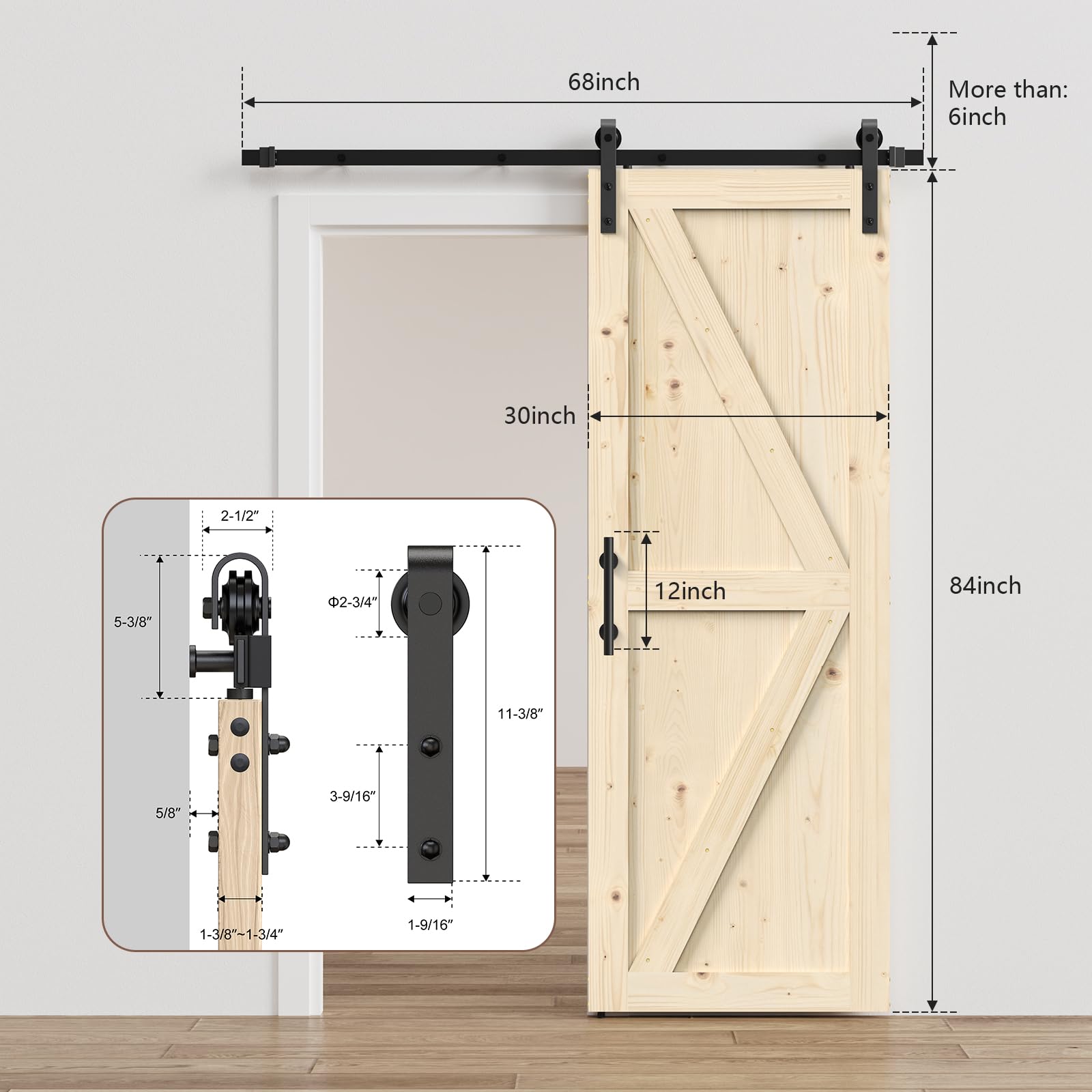 30in x 84in Barn Door Wood, 7FT Sliding Door with Hardware Kit Included, Solid Pine Barn Doors K Shape with Black Barn Door Handle and Floor Guide Need to Assembly - WoodArtSupply