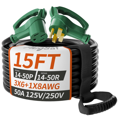 PlugSaf 15 FT 50 Amp RV/EV Extension Cord Outdoor with Grip Handle, 4 Prong Flexible Heavy Duty 6/3+8/1 Gauge STW RV Power Cord Waterproof, NEMA 14-50P to 14-50R, Black-Green, ETL Listed PlugSaf