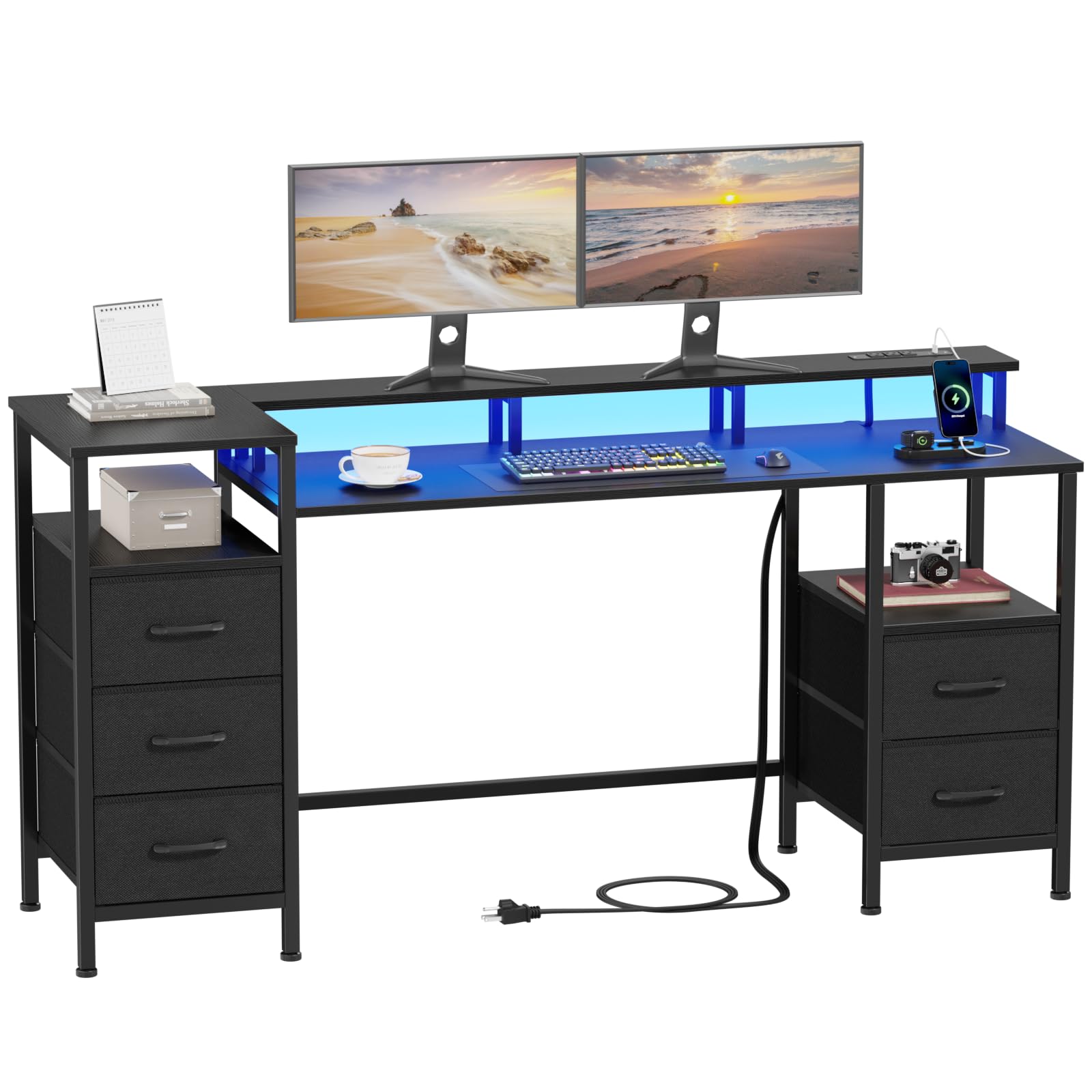 Korfile Computer Desk with Power Outlets & LED Lights, Gaming Desk with 5 Fabric Drawers for Bedroom, 55 Inch Home Office Desk with Monitor Stand & Storage Shelves for Working, Black - WoodArtSupply